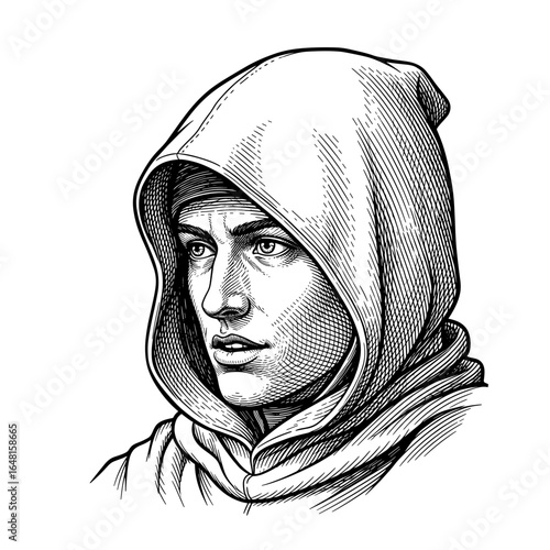 A detailed sketch of a young man wearing a hooded cloak, evoking mystery and intrigue.