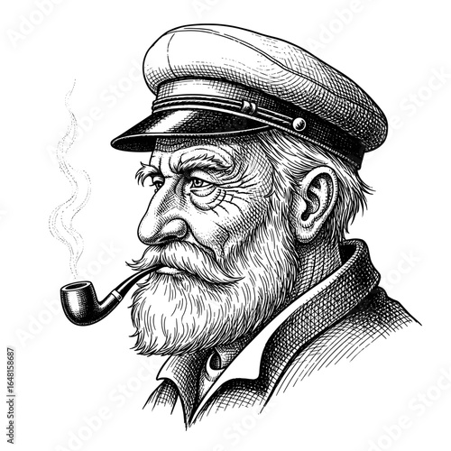 Detailed Portrait of an Old Sea Captain with a Pipe and a Distinctive Hat Design