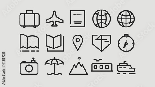 A comprehensive collection of minimalist line icons representing various aspects of travel, vacation, and global exploration, ideal for web design, mobile apps, and user interfaces.
