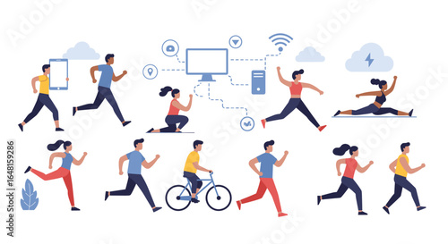 People running and exercising with technology connection theme