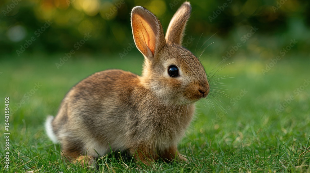 Fototapeta premium Brown wild rabbit sits on lush green grass, bokeh background providing shallow depth
