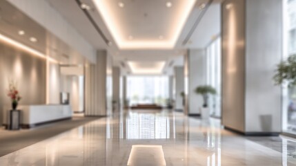 Stunning photo of blurred hotel or office building lobby blur background interior view toward reception hall modern luxury white room space with blurry corridor and building.