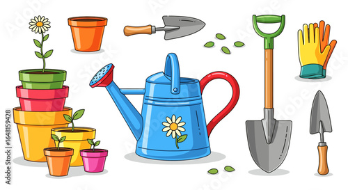 Illustration of gardening tools and potted plants on white
