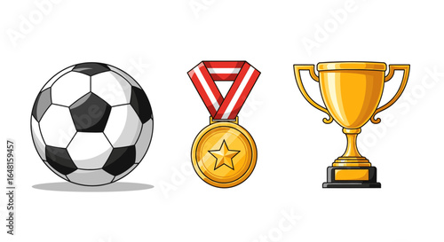 A soccer ball medal and trophy isolated on a white background
