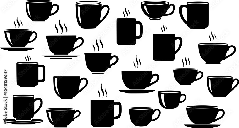 Obraz premium A collection of black and white teacups and coffee mugs illustrations