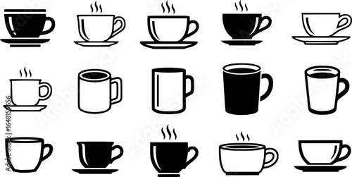 A collection of black and white teacups and coffee mugs illustrations