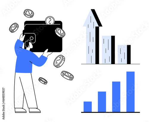 Person holding a wallet with falling coins. Adjacent bar and arrow charts represent progress and financial growth. Ideal for finance, investment, business, profit, analytics, savings, simple landing