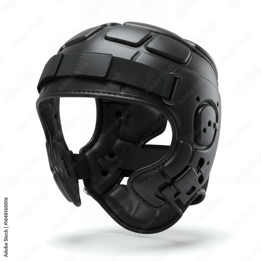 Fototapeta premium Full-face black boxing headgear with chin guard and ear protection for maximum safety during martial arts training