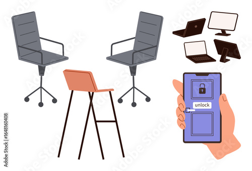 Office chairs, modern devices including desktops, laptops, and phone unlocking a digital door. Ideal for technology, remote work, workspace, connectivity, smart devices security and collaboration