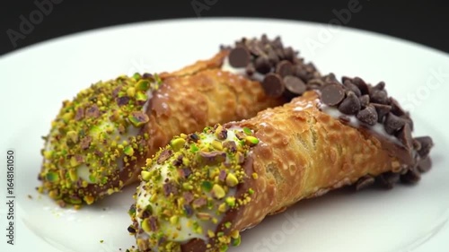 Italian cannoli with pistachio and chocolate chip toppings.