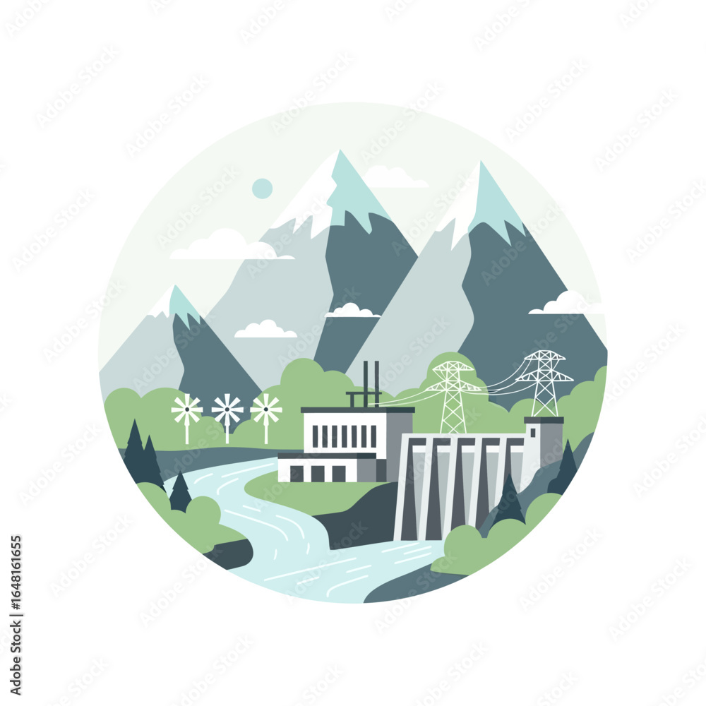 Obraz premium A scenic illustration of a hydroelectric power plant situated in a mountainous landscape with a flowing river and wind turbines.