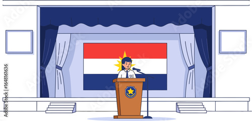 Illustration of a politician speaking at a podium in front of a national flag backdrop during an
