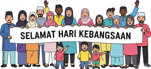 Diverse group of people celebrating national independence day with a banner saying selamat hari