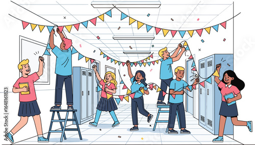 Celebratory School Hallway with Students Decorating Lockers and Flags for Festive Event