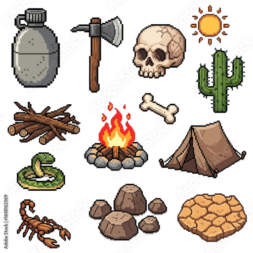 Pixel art illustration of various desert survival icons on a white background