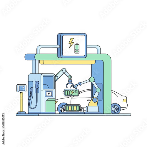 Automated electric vehicle charging station with robotic arms replacing batteries.
