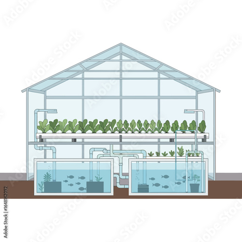 Diagram illustrating an aquaponics system within a greenhouse, showing fish tanks and hydroponic plant cultivation.