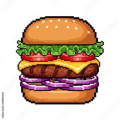 Pixel art of a cheeseburger with lettuce, tomato, and onion on a white background