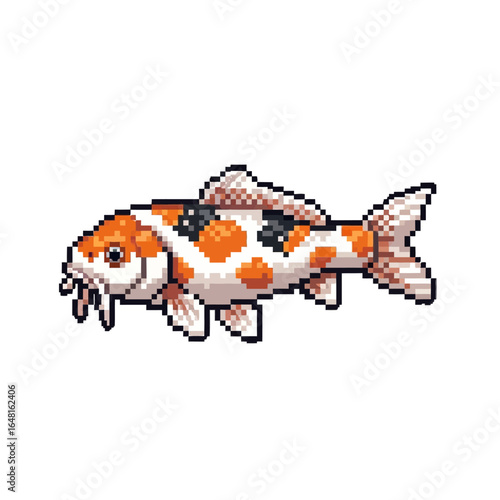 Pixel art illustration of a koi fish with orange and white spots on a white background