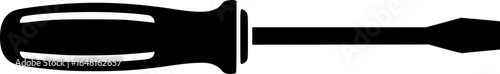 A simple black silhouette of a standard flathead screwdriver on white