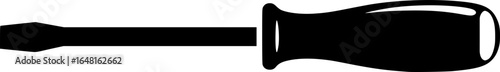 A simple black silhouette of a standard flathead screwdriver on white