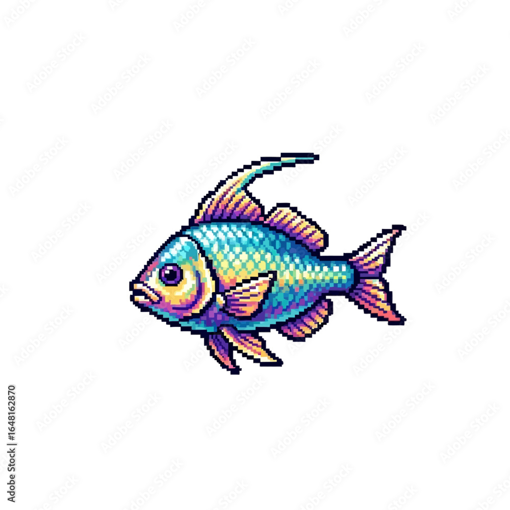 Fototapeta premium Pixel art illustration of a vibrant blue fish with rainbow fins on white background