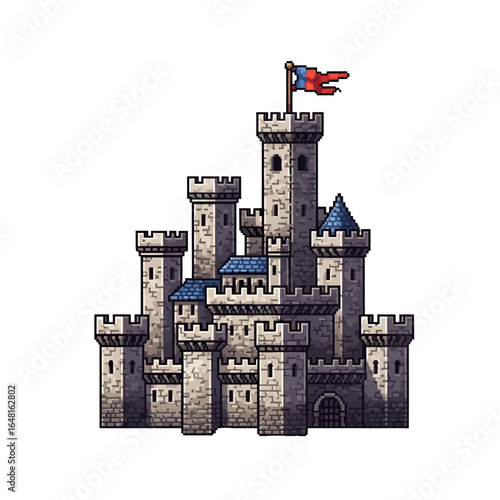 Pixel art medieval castle with flag on a white background