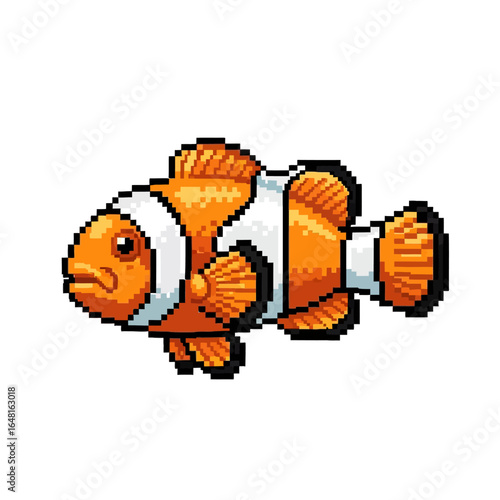 Pixel art illustration of an orange clownfish with white stripes