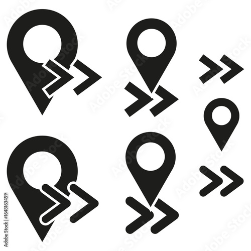 Broken location pin. GPS marker symbols. Vector navigation icons. Map pointer set.