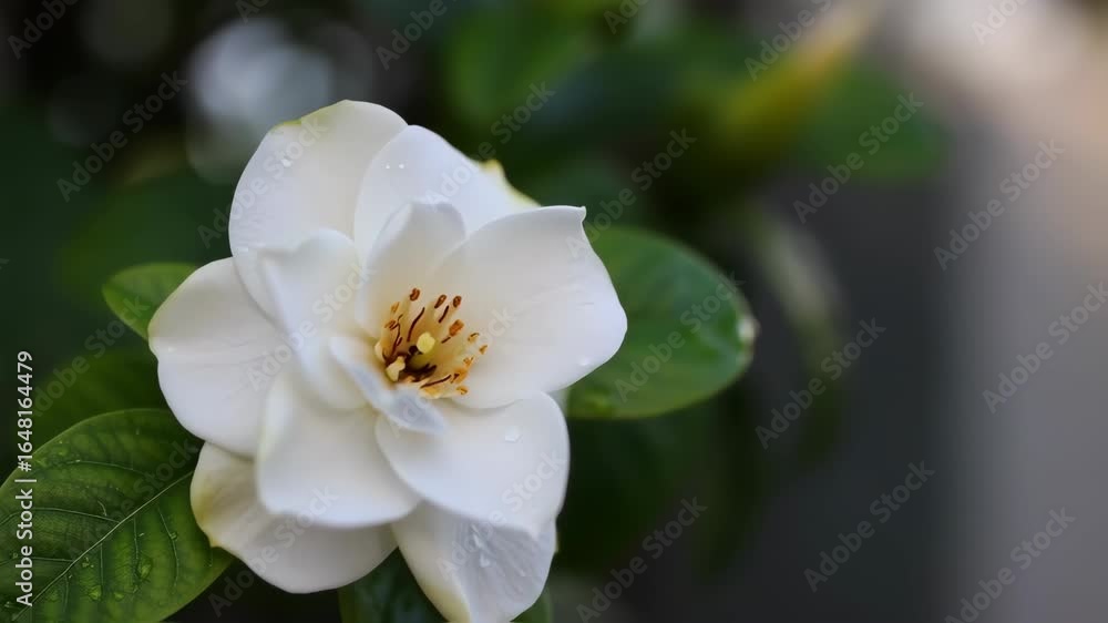 Close-up of a pristine white flower with water droplets, surrounded by lush green foliage Close-up of a pristine white flower with water droplets, surrounded by lush green foliage