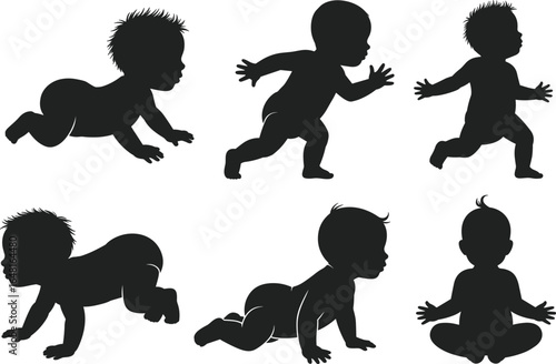 Baby crawling and walking silhouette vector set, toddler developmental stages clipart, infant poses illustration, isolated child motion graphics design elements