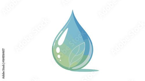 A minimalist illustration of a water drop with a small leaf, representing freshness and purity.