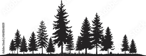 Dense pine tree forest silhouette vector, natural woodland scene, evergreen conifer landscape background, black and white tree outline illustration for design