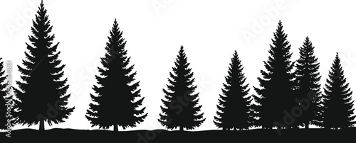 Pine tree forest silhouette vector illustration, evergreen conifer landscape design, black tree elements for nature, woodland, Christmas, outdoor winter