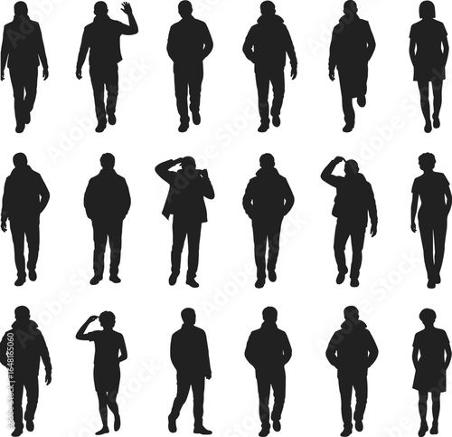 Silhouette set of people walking, men and women standing, waving, saluting, urban casual poses, front view vector illustration collection