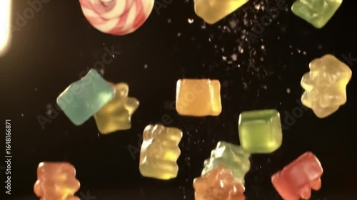 Sweet Delights: A colorful assortment of gummy candies and a swirled lollipop float in mid-air. This eye-catching visual celebrates the joy of treats, perfect for conveying themes of fun, indulgence.