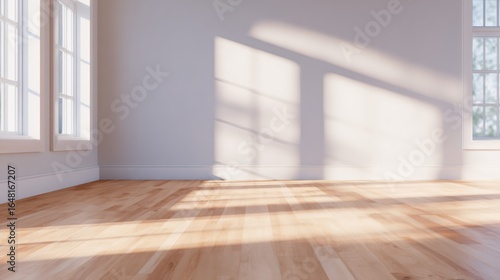 Empty room with bright sunlight on light wood flooring. Clean unfurnished interior for home design  renovation  or moving.