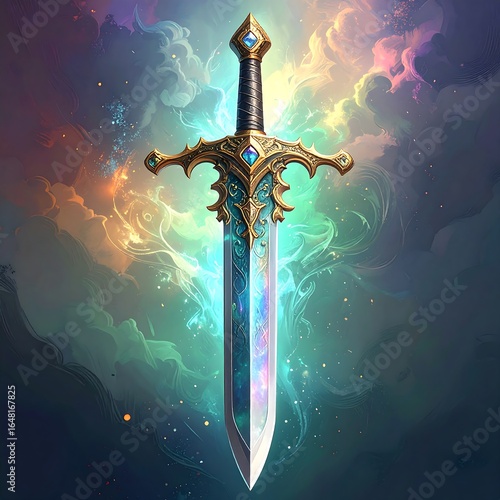 Enchanted sword against ethereal clouds