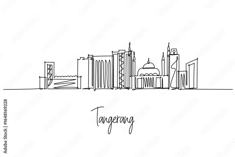 Fototapeta premium Tangerang city skyline single line drawing with mosques, towers and urban blocks. Banten province theme, Indonesia cityscape subject for travel marketing, posters, editorial visuals and decor.