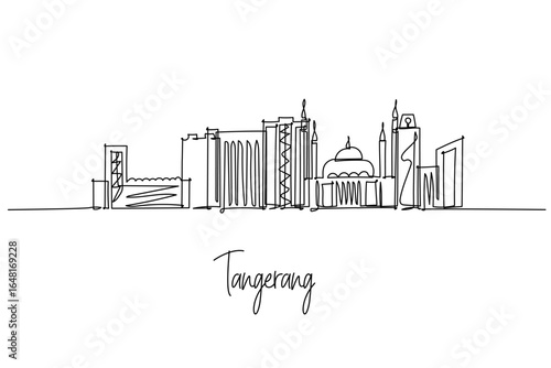 Tangerang city skyline single line drawing with mosques, towers and urban blocks. Banten province theme, Indonesia cityscape subject for travel marketing, posters, editorial visuals and decor.