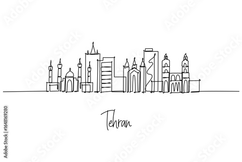Tehran city skyline single line drawing featuring Azadi Tower, Milad Tower and urban blocks. Iran theme, cityscape subject crafted for travel posters, souvenirs, branding, editorial use and decor.