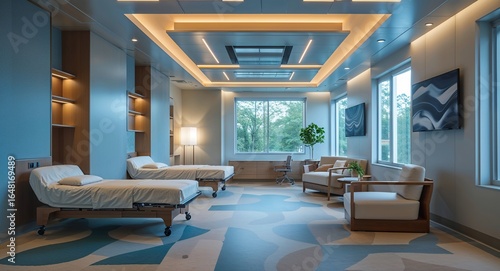 Brightly lit hospital room with two beds, chairs, and modern ceiling lighting fixtures