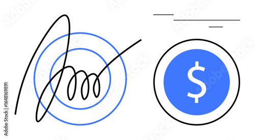 Handwritten signature near target rings and dollar coin, representing agreements, contracts, finances, business transactions, authorization, financial security, and trust. Ideal for legal corporate