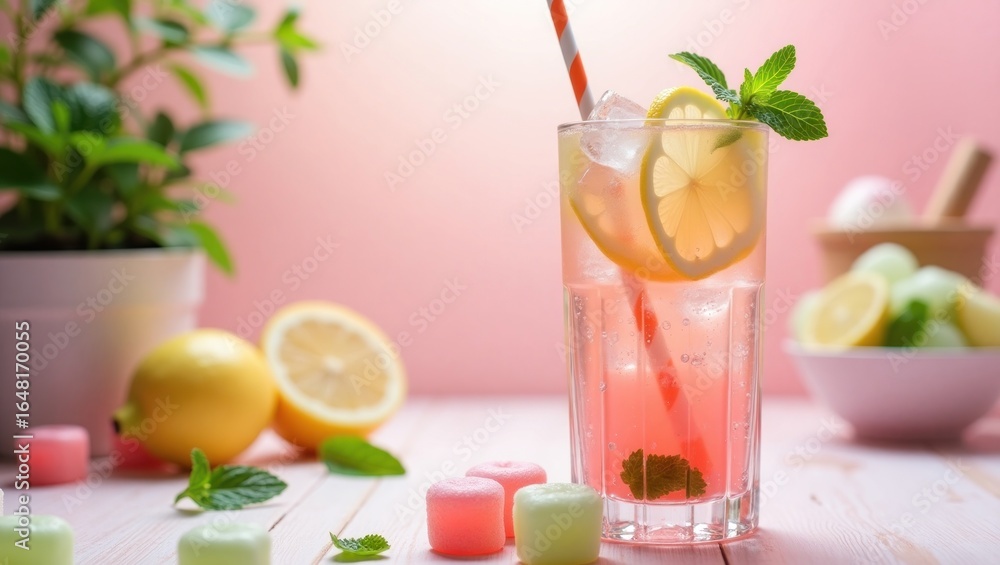Fototapeta premium Refreshing, pink lemonade drink garnished with lemon slices and mint.