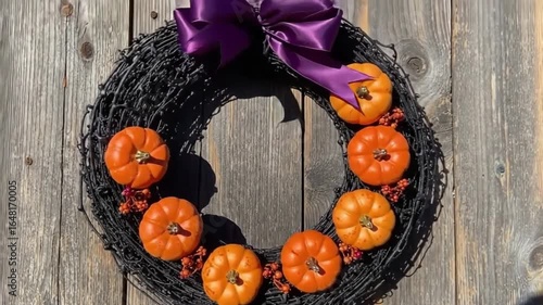 Halloween wreath with pumpkins and purple ribbon on a wooden door.
