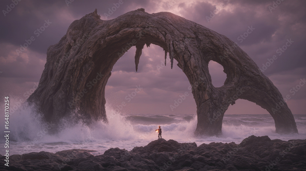 Fototapeta premium Generative AI Coastal Archway Explorer at Dusk Stone arch Sea Ocean Waves Rocks Twilight Person Lantern Light Landscape Stormy Moody Outdoors Nature Seascape Adventure - Modern Look