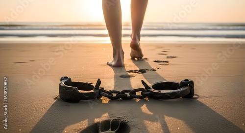 International Day for the Abolition of Slavery Woman walking away from broken chains on a beach at sunset, symbolizing freedom and new beginnings