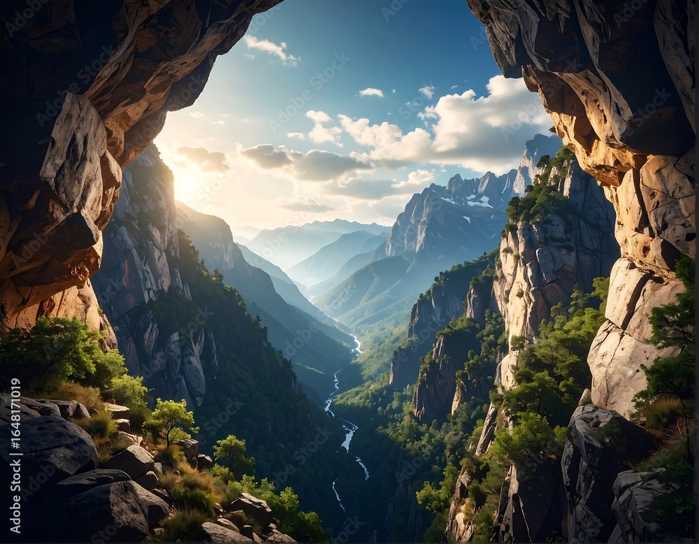 Fototapeta premium Breathtaking mountain vista through a cave opening