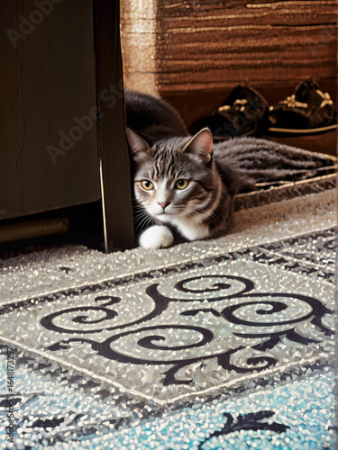 The cat is lying on the carpet near the furniture