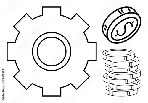 Gear and coin stacks combined with a single coin highlight financial systems, operations, and productivity. Ideal for business, investment, fintech, economy, strategy, savings profit concepts